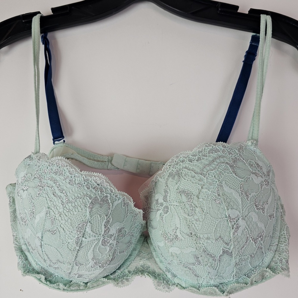 Victoria's Secret PINK Womens‎ Bra 34C Padded Push Up Pigeonnant Bra Green Lace